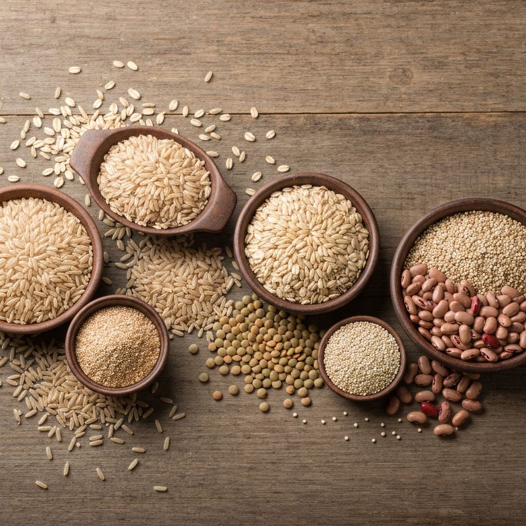 Variety of whole grains and legumes showing complete nutrition